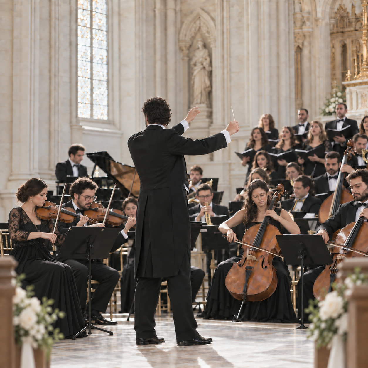 Orquestra e coro tocando em uma igreja, com maestro de costas